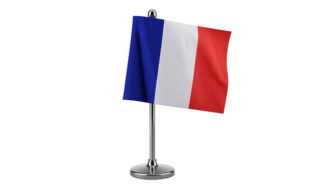 Isolated French desk flag, national symbol of France standing tall on a metallic base