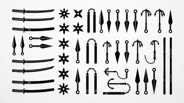 Ninja and samurai weapon silhouettes icon set.