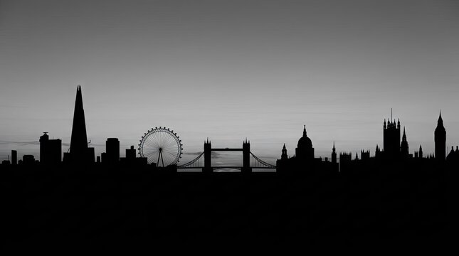 Panoramic London city skyline silhouette in grayscale.