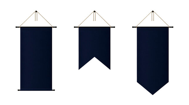 Isolated blank dark blue hanging banners, pennants, and swallowtail flags template