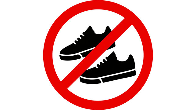 Isolated red prohibition sign against wearing shoes, footwear restriction symbol illustration