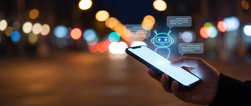 Hand holding smartphone displaying chatbot interface with glowing icons against a blurred city street background at night symbolizing modern communication technology.