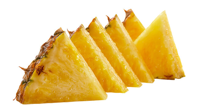 Isolated fresh juicy pineapple wedges in a diagonal row, delicious tropical fruit slices