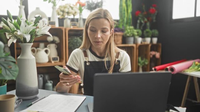 Woman florist wearing apron counts dollars and checks orders at laptop in flower studio; focused business accounting.