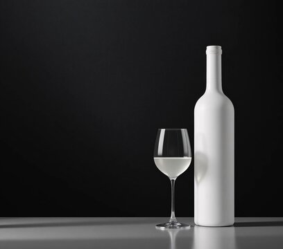 Elegant Glass Bottle and Wine Glass on Black Background