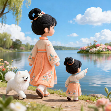 Felt Hanfu Figures Walking By Spring Lakeside