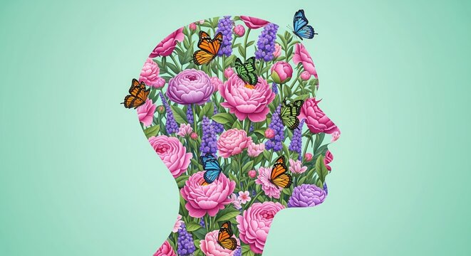 A silhouette of a human head filled with vibrant pink roses, purple flowers, and colorful butterflies against a mint green background. Perfect for wellness and mental health concepts.