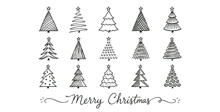 Hand drawn Christmas tree icons, set of 15 black ink sketches on white background, minimalist holiday pine tree illustrations