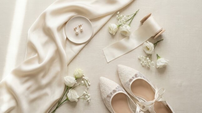 Flat lay of bride wedding accessories with lace shoes, pearl earrings, silk ribbon and white flowers on beige fabric. Bridal preparation concept for wedding day and celebration invitation design.