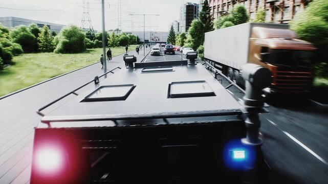 Police Car Emergency Response Exits Garage and Joins High-Speed Pursuit . Police Department.