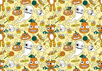Fototapeta premium Vegetable seamless autumn monster Halloween pumpkins pattern for wrapping paper and fabrics