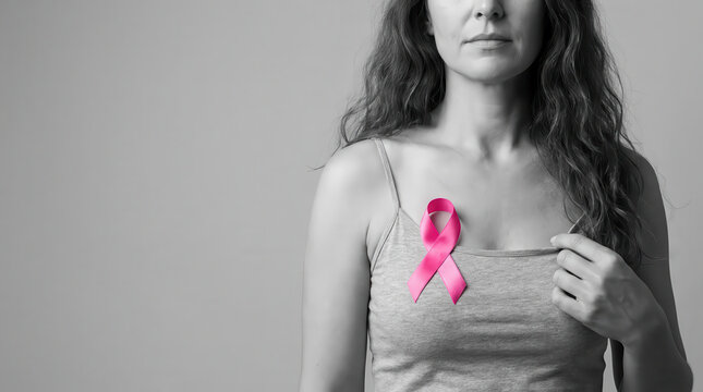 Breast cancer awareness concept with woman holding pink ribbon on chest, monochrome portrait symbolizing strength, hope, prevention, support and health education for breast cancer awareness