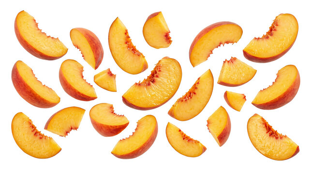 Fresh juicy peach slices floating in midair arranged in patterns isolated on transparent background