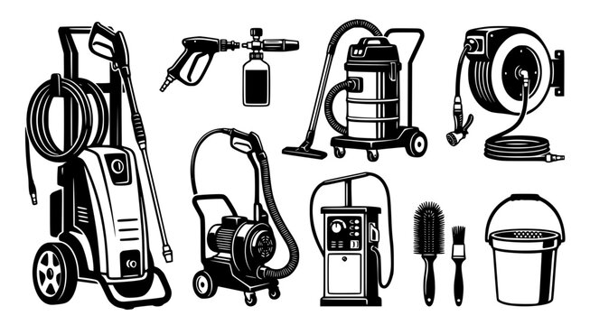 High pressure cleaning and industrial washing equipment set as isolated black and white vector icons for professional car wash services or driveway maintenance and exterior cleaning