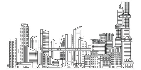 Fototapeta premium A detailed black and white line drawing illustration of a modern industrial factory complex with tall towers and pipes