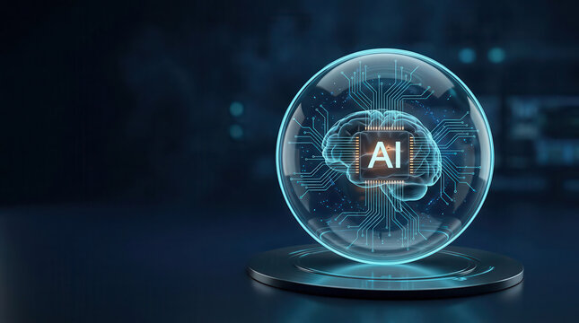 Glass sphere with glowing blue AI brain chip icon displayed on pedestal against dark technology background, artificial intelligence concept for innovation, futuristic technology and machine learning