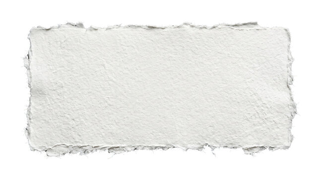 Rectangular piece of handmade textured white paper with torn ragged rough edges on transparent background