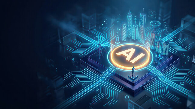 Futuristic artificial intelligence concept with glowing AI symbol in center of digital circuit network, representing smart technology, machine intelligence, innovation and digital transformation