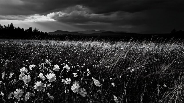 Pink campion meadow under a dark sky in a natural setting