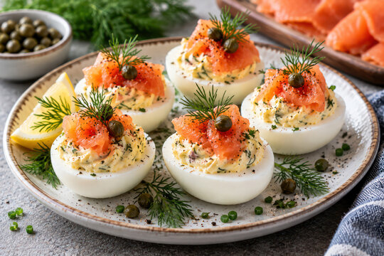 Deviled Eggs With Smoked Salmon, Capers and Fresh Dill