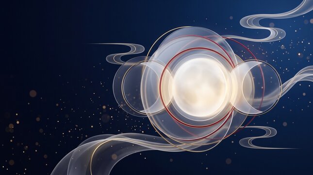 Abstract celestial background with triple moon symbol and glowing light waves in deep blue night sky