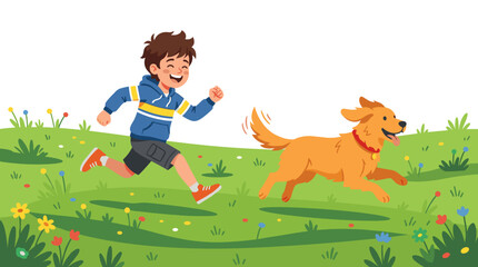 Fototapeta premium Happy boy and dog running together in a sunny meadow with flowers