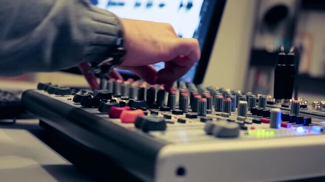 Hand Operating Sound Mixer in Radio Studio