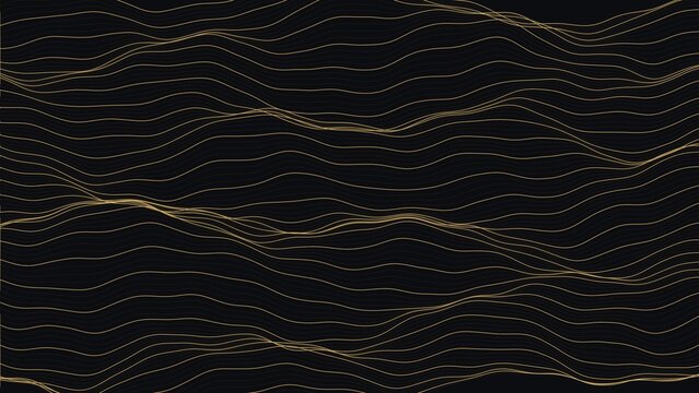 Abstract background, with thin golden, wavy lines on, a dark black, surface creating a, sense of fluid, motion and layered, wave patterns