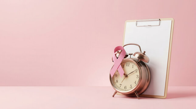 Vintage alarm clock with pink ribbon and blank clipboard on pastel pink background, breast cancer awareness reminder concept for mammogram screening schedule, checkup and health appointment
