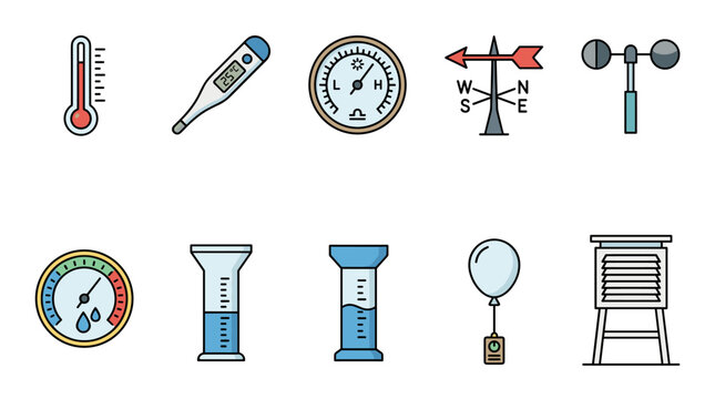 Weather station icons: thermometer, digital thermometer, barometer, wind vane, anemometer, hygrometer, graduated cylinder, balloon with sensor