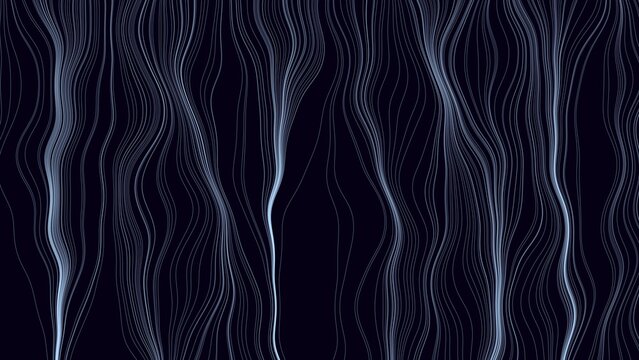 Abstract background, with vertical flowing, wavy lines in, light blue on, a deep dark, navy blue surface, liquid motion texture