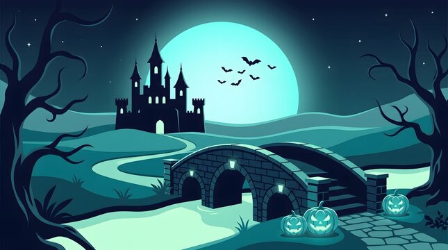 Haunted castle scene with a stone bridge and illuminated pumpkins under a full moon