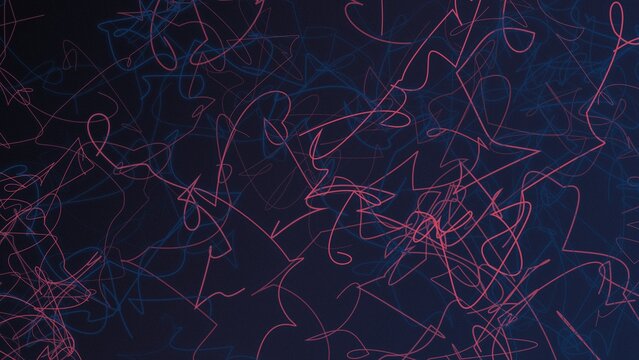 Abstract background, with chaotic thin, pink and blue, scribbled lines crossing, over a dark, navy blue surface, creating a messy, tangled web effect