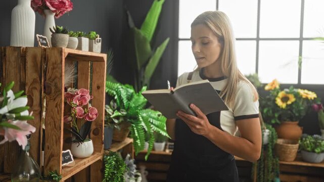 Woman florist reads and annotates a book while arranging potted plants, hand touching leaves in a studio; calm focus.