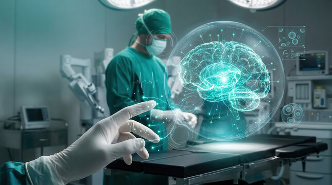 Surgeons using futuristic medical technology in operating room with glowing holographic brain, representing neurosurgery, healthcare innovation, artificial intelligence, digital medicine and research