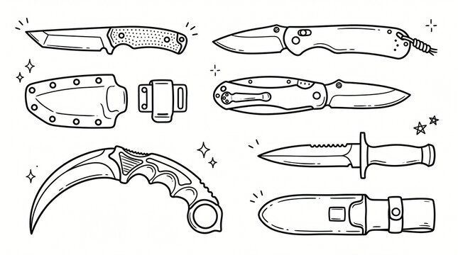 Combat Knife Tactical Tanto Blade Line Art Doodle Illustration Collection Hand Drawn Folding Pocketknife Karambit Survival Dagger Kydex Sheath Stroke Thickness Isolated White Background Clip