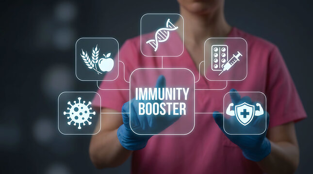 Healthcare worker touching immunity booster virtual interface screen