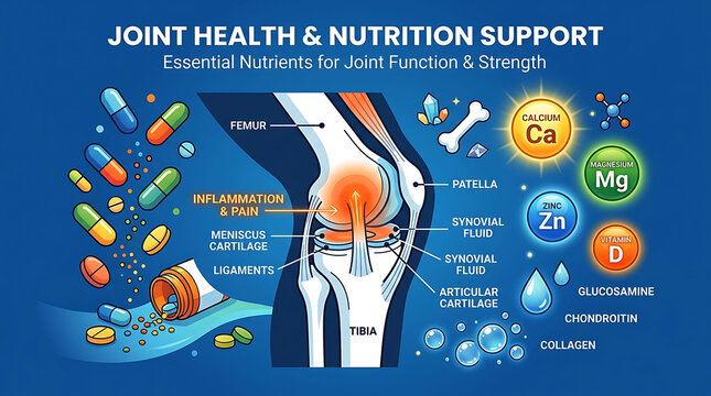 Joint health and nutrition support infographic with knee anatomy chart