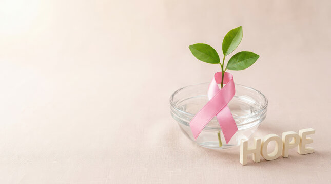 Pink ribbon and small plant sprout in glass heart shaped dish beside wooden HOPE letters, breast cancer awareness concept for hope, recovery, growth and survivor support with soft background