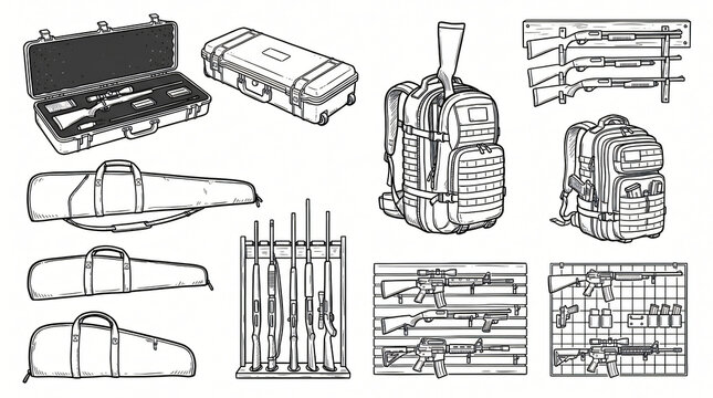 Firearm Storage Equipment Line Art Doodle Collection Hand Drawn Hard Plastic Rifle Case Foam Insert Soft Padded Gun Slip Tactical Backpack Wall Mount Rack Design Isolated White Background