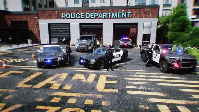 Police Department Building in City with Patrol Cars Ready for Dispatch. Realistic 4k animation