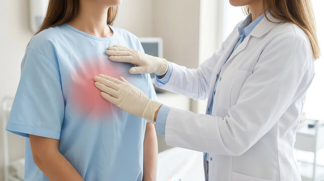 Healthcare professional examining woman's breast during clinical consultation with highlighted area, illustrating breast cancer awareness, breast health screening, early detection, medical care and su