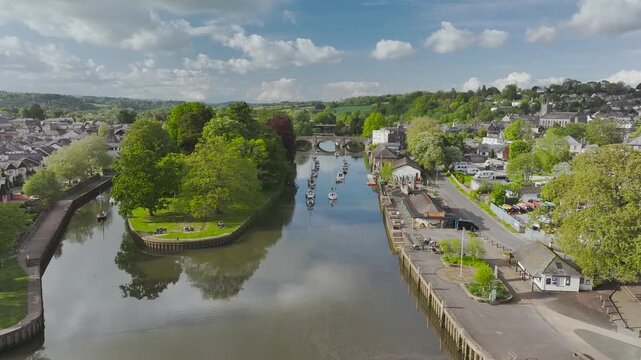 River Dart in Totnes from a drone, Devon, England