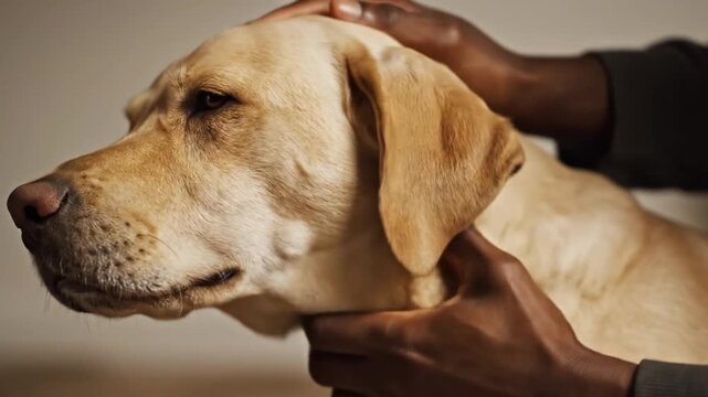 Labrador retriever enjoys gentle handling from dark hands, with sleepy expression and eyes closed. Dog is stroked along head and neck in minimal studio portrait, creating calm pet care moment.