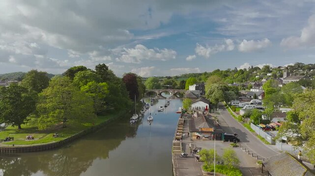 River Dart in Totnes from a drone, Devon, England