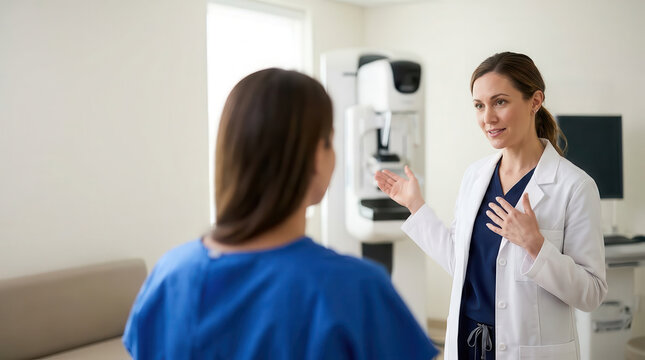 Doctor discussing breast screening with female patient, illustrating breast cancer awareness, medical consultation, early detection, diagnostic care, prevention and support in a clinical setting