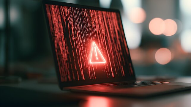 Laptop computer screen displays a glowing red warning icon over digital code signifying a critical security breach or system failure