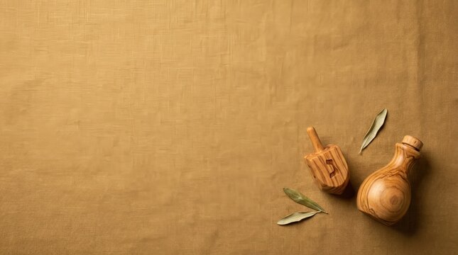 Olive wood objects on linen fabric with bay leaves, showcasing natural textures and warm tones in a minimalist arrangement
