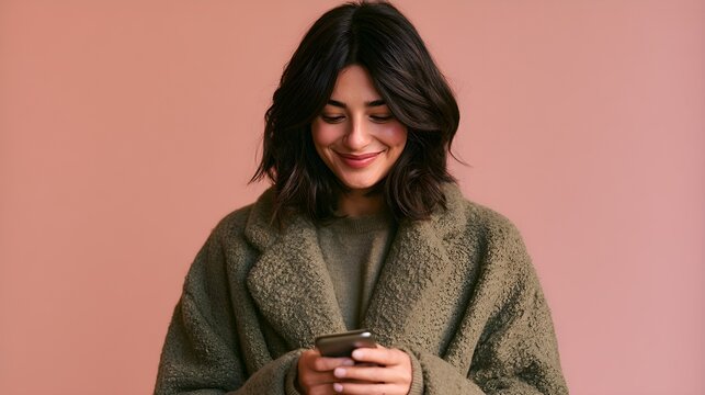 Smiling young woman with dark hair wearing green coat looks down while holding smartphone against plain solid pink studio background
