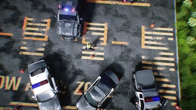 Police Car with Flashing Lights Near Police Department Building. Realistic 4k animation.